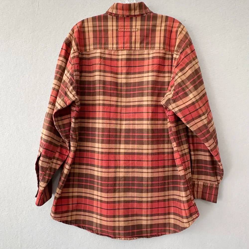 Woolrich Mens Large Red Orange Brown Plaid Classic Long Sleeve Button Work Shirt - Picture 3 of 14